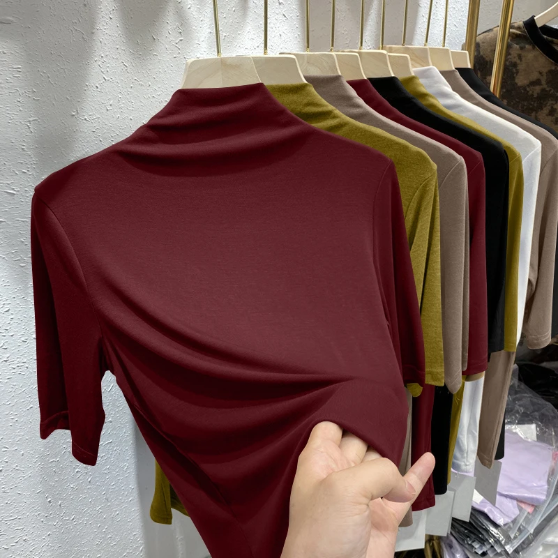 

Женская базовая футболка в рубчик с высоким воротом для весны и осени, больших размеров, приятная к телу, высококачественная, 5-звездочная