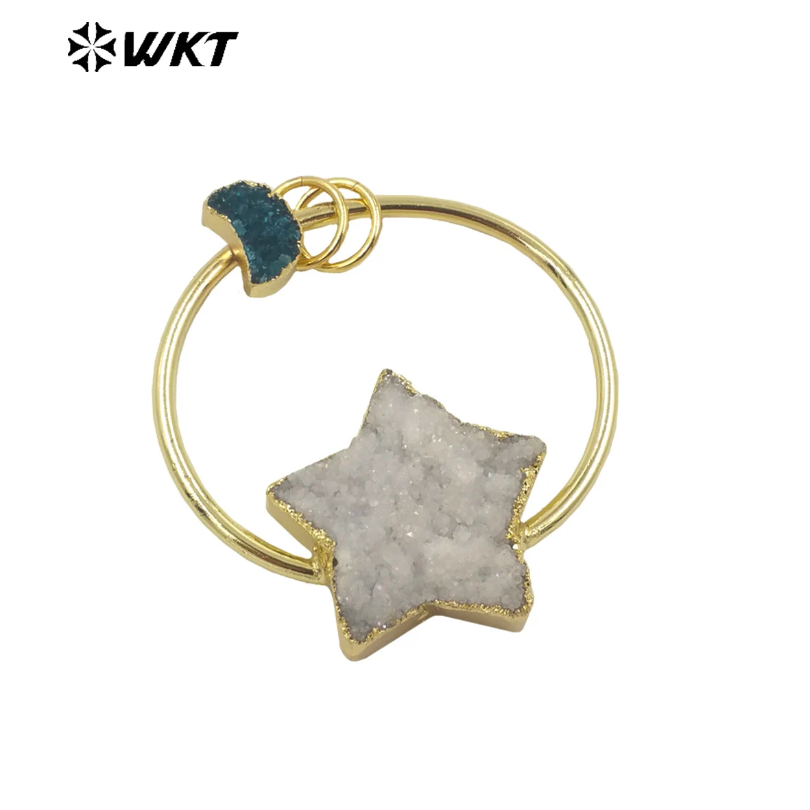 

WT-P1782 WKT Natural Aura Druzy Quartz Pendant Pentagram Moon With Gold Large Circle Can Be Made Into Necklace Women ACC