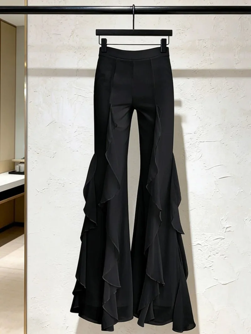

New Fashion Flare Pants Women Summer High Quality Draped Slim Flounced Edge Ruffle High Waist Black Trousers Women's Clothing