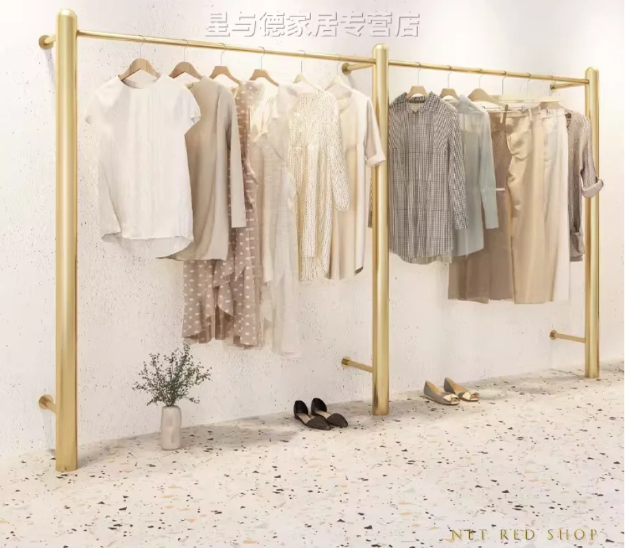 

Стеллаж для демонстрации одежды AdvancedClothing: напольный, от пола до потолка, настенный, золотой, для женской одежды, с подвесными элементами