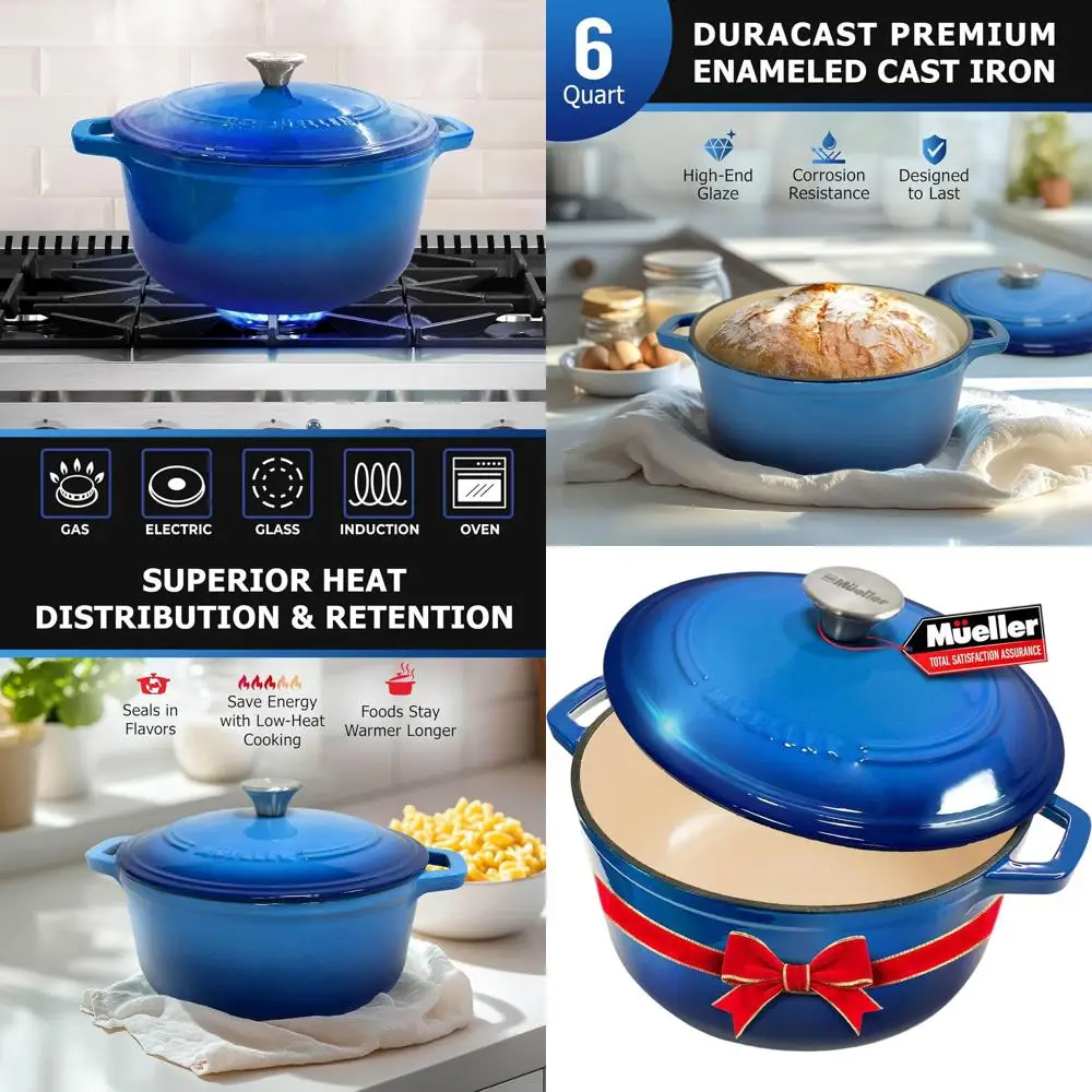 

6qt Enamel Cast Iron Dutch Oven, Sturdy Casserole and Braiser Pan with Lid and Knob, Suitable for All Cooktops, Aqua Blue