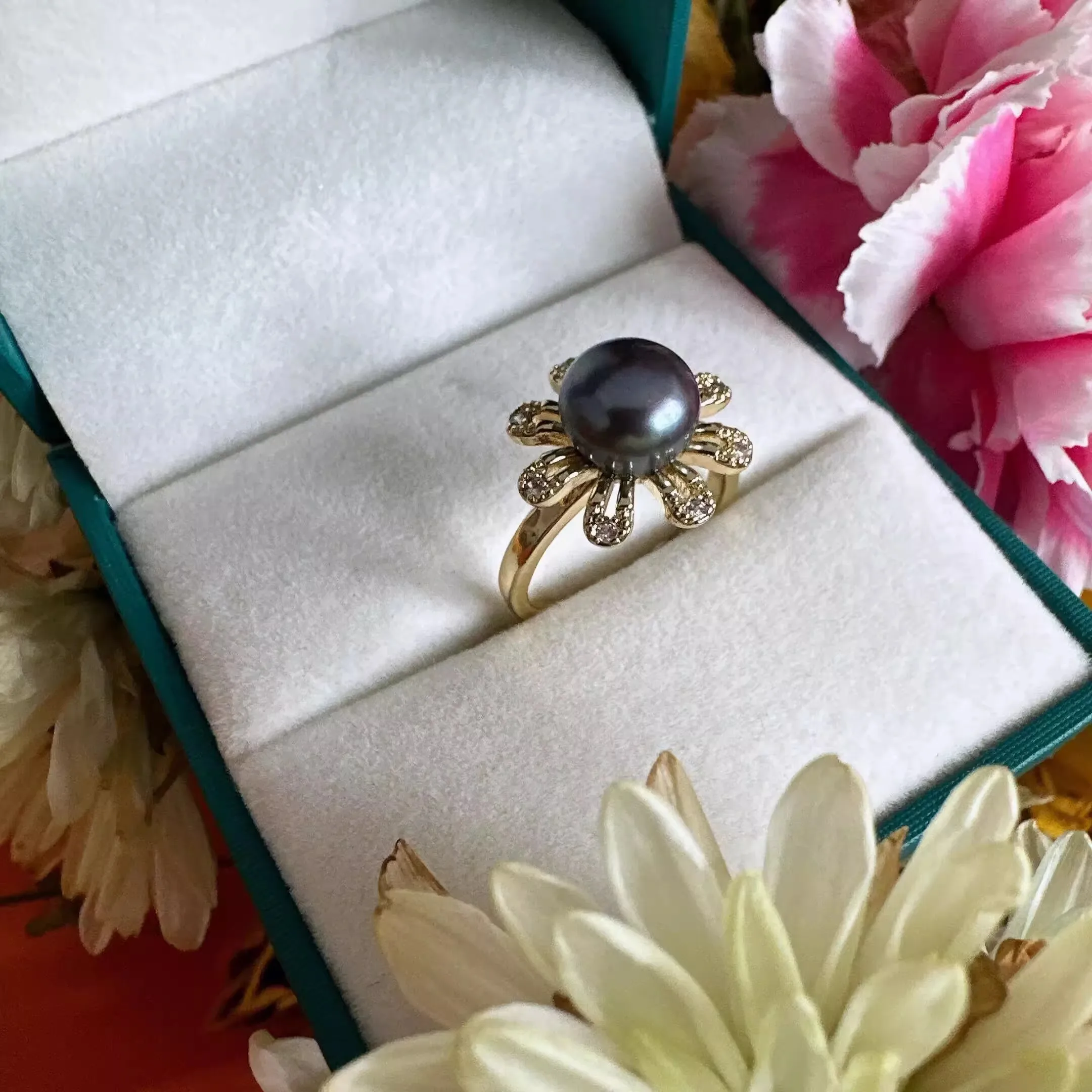 

Natural Pearl AAA9-10mm Tahiti Black Pearl Ring Pearl 925 Open Ring