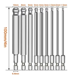 Ball End Hex Screwdriver Bits Set Metric Allen Hex Bit 100mm Long Magnetic Ball Head Driver BitH10, H8, H6, H5, H4, H3, H2.5, H2