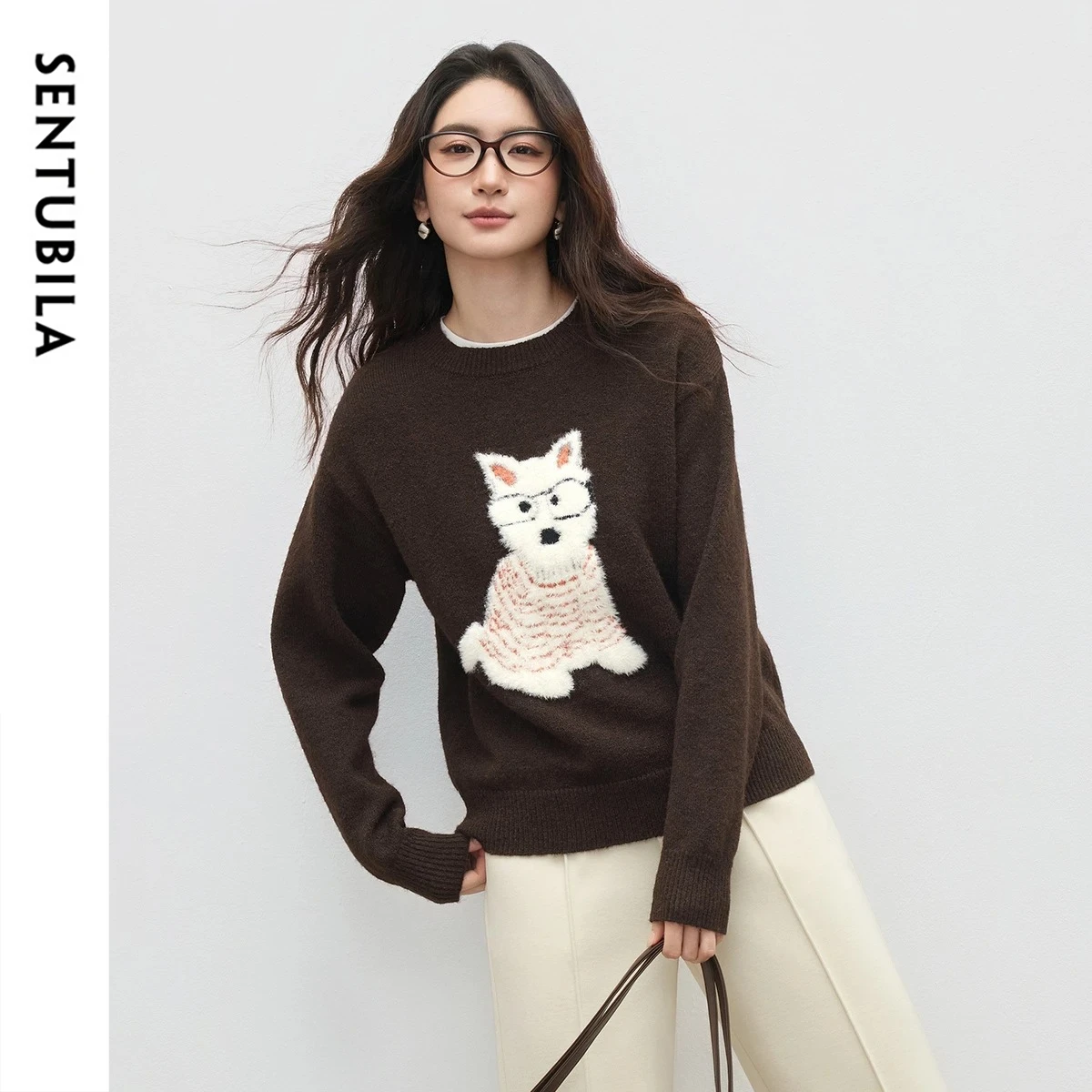Sentubila pulôver feminino 2025 outono contraste cor cão jacquard o-pescoço camisola solta ajuste casual senhoras jumpers w54ee4236