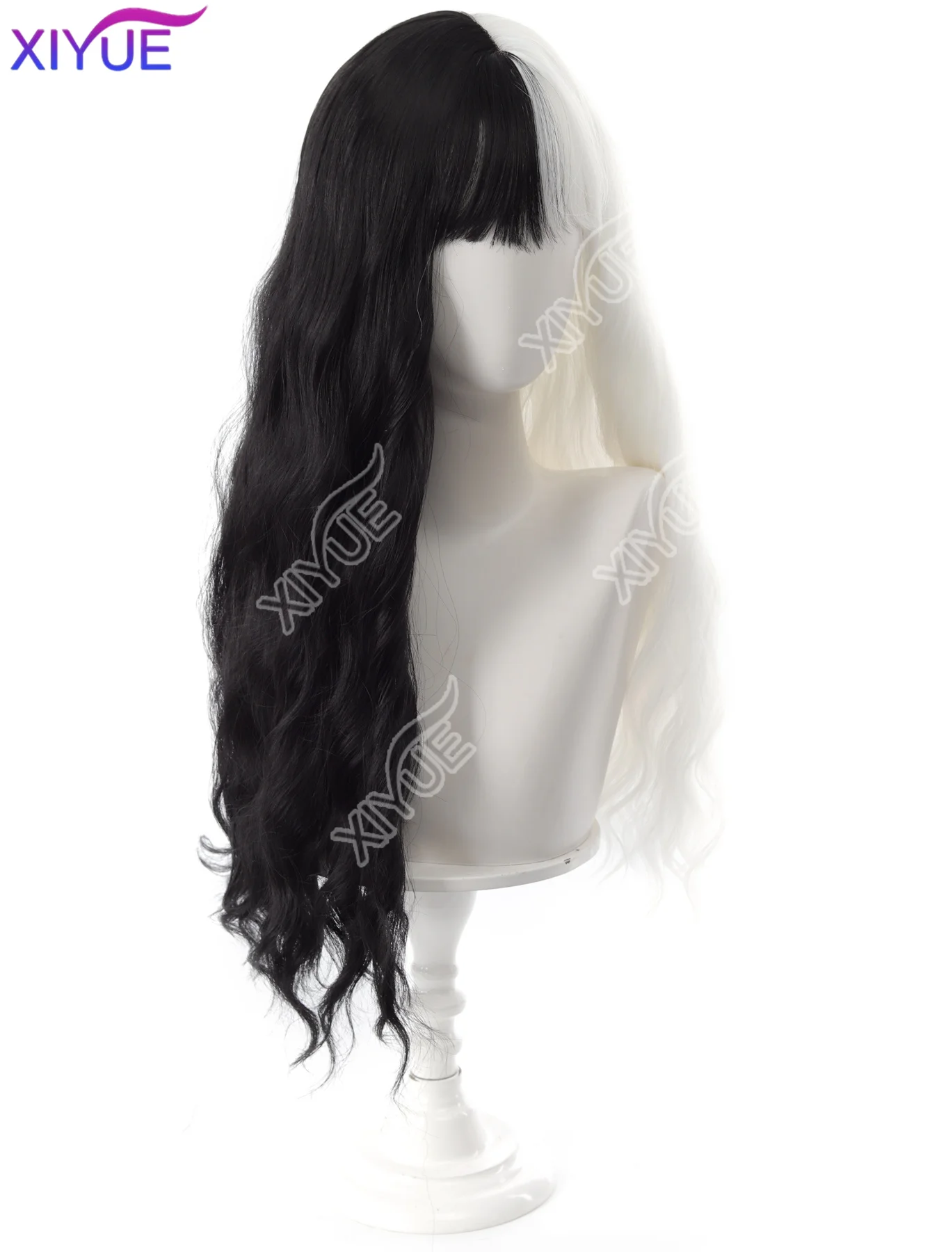 วิกผมคอสเพลย์มีหน้าม้า ผมสังเคราะห์ ยาว 24 นิ้ว ผมหยิก ทนความร้อน สีดำและสีขาว สำหรับผู้หญิง