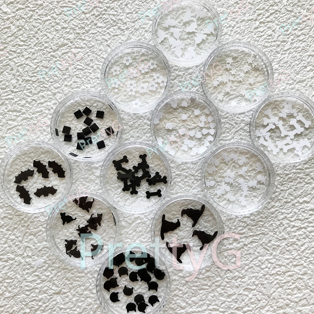 PrettyG 12 Colors Set Halloween Glitter Shape Skeleton Bat Cat Bone Witch Hat Glitter Sequins For DIY Gel Nail Art Decoration