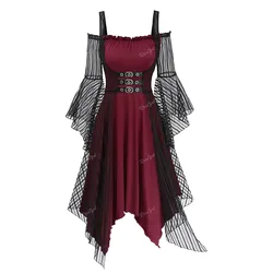 ROSEGAL Plus Size Gothic Cold Shoulder Flare Sleeve Dress Striped Mesh Overlay PU Strap Buckle Grommet Ruched Handkerchief Dress