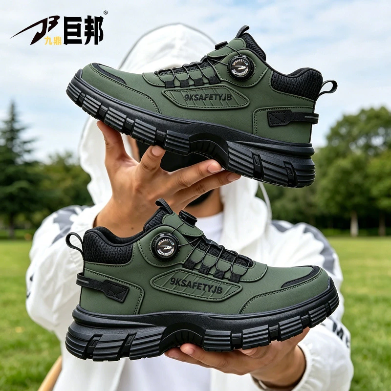 Men'S New Rotating Button Safety Shoes Anti‑Smash Anti‑Puncture Breathable Lightweight Comfortable Wear‑Resistant No‑Tie‑Lace Wo