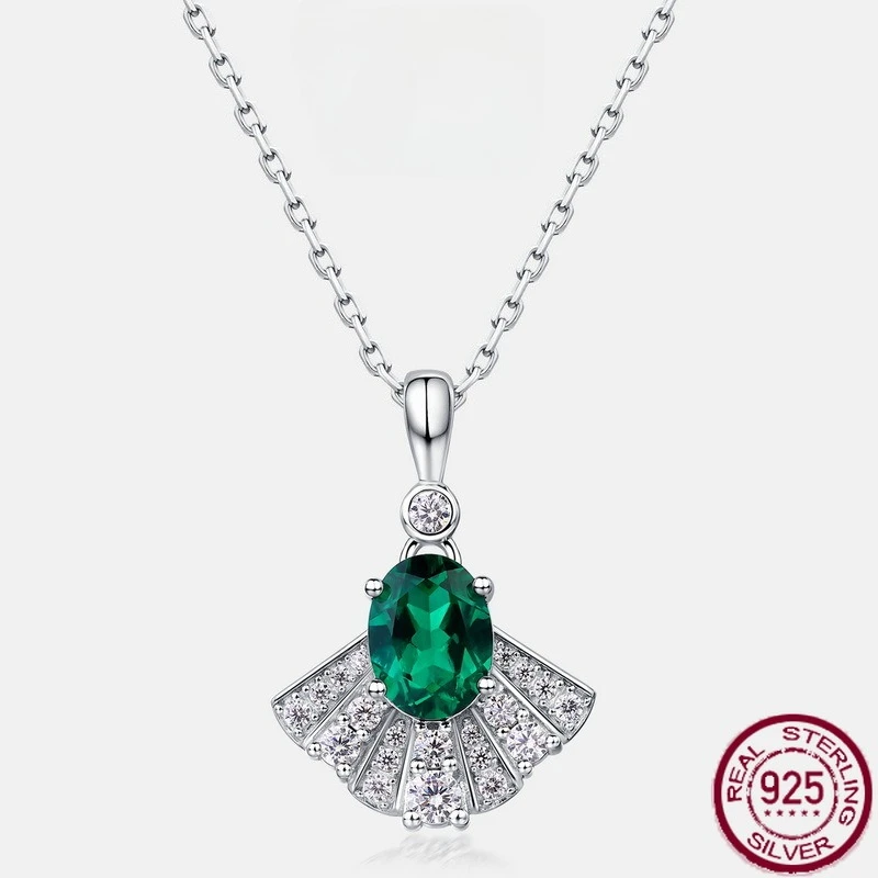 

New S925 pure silver mini skirt with fan-shaped brilliant cultivation, emerald retro necklace, light luxury wedding jewelry