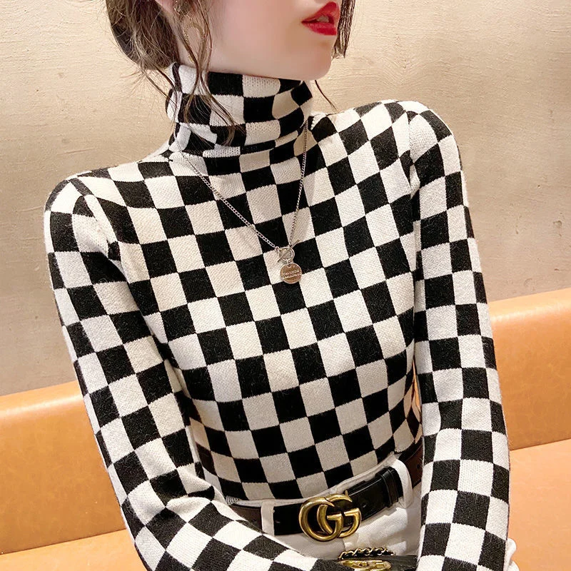 Winter Women\'s Turtleneck Sweater Korean Fashion Fleece Houndstooth Luxury Sweater Women\'s Sexy Plaid Pullover Sweater Women