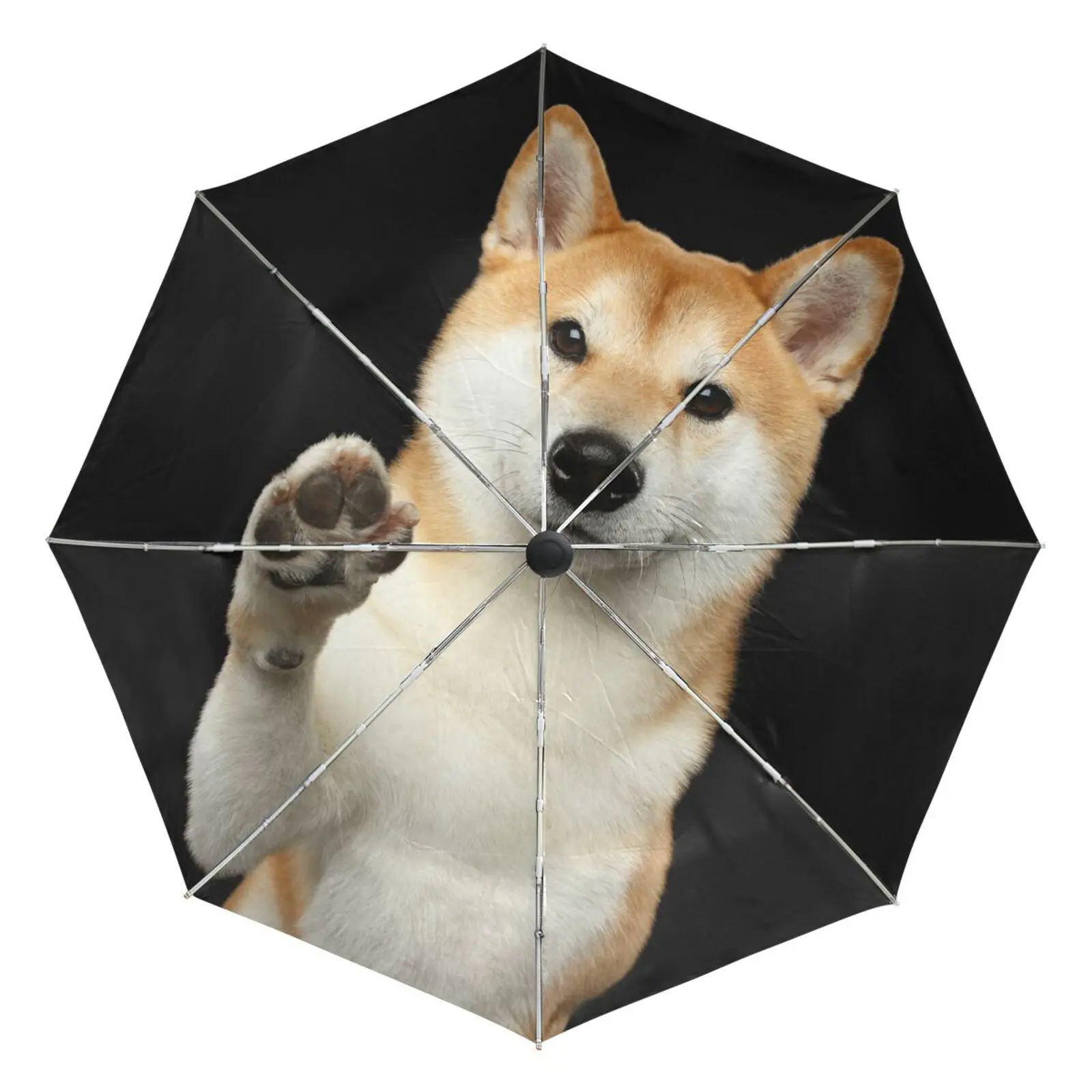 Lovely Corgi Dog Fully Automatic UV Umbrella Rain Women Portable Three Folding Umbrella Male Parasol Outside Black Coating