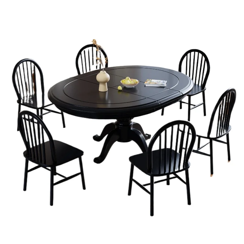 

American retro style solid wood retractable dining table, oval household small apartment variable round table