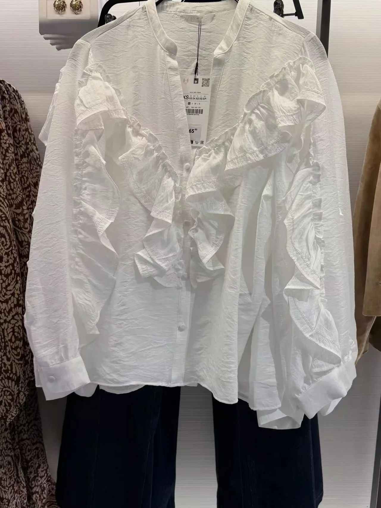 

Spring Summer 2025 New Women's Long Sve irt Vertical Ruffle Layered Decoration Top Loose Fit Polyester Fiber V-ne