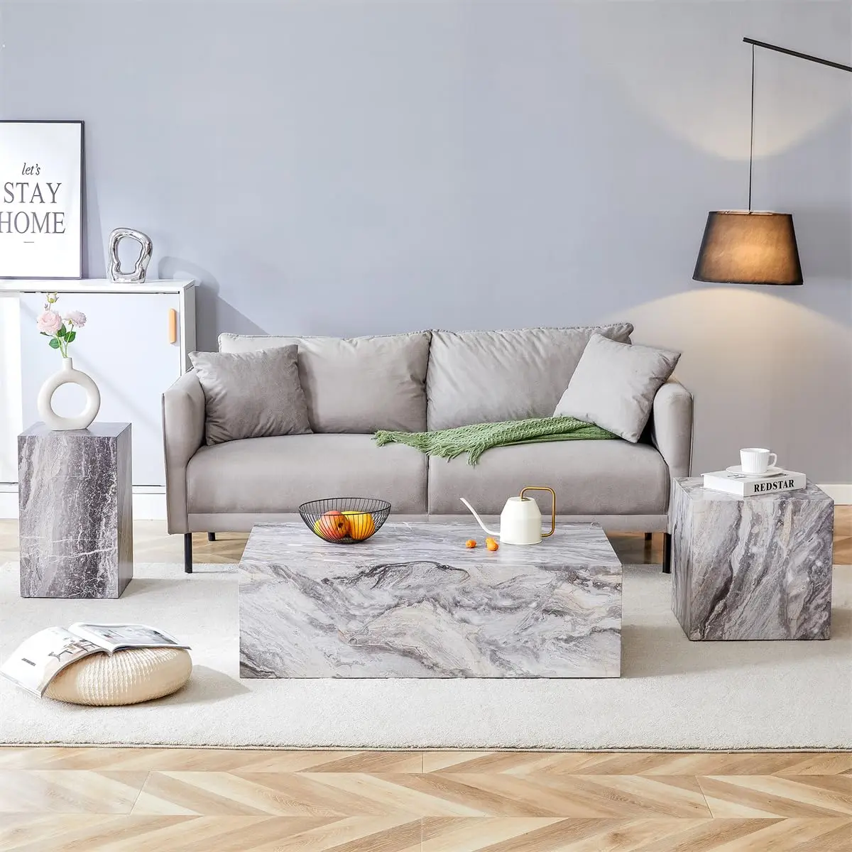 

3 Piece Faux Marble & Wood Coffee Table Set Modern Center & Side Tables for Living Room Customized