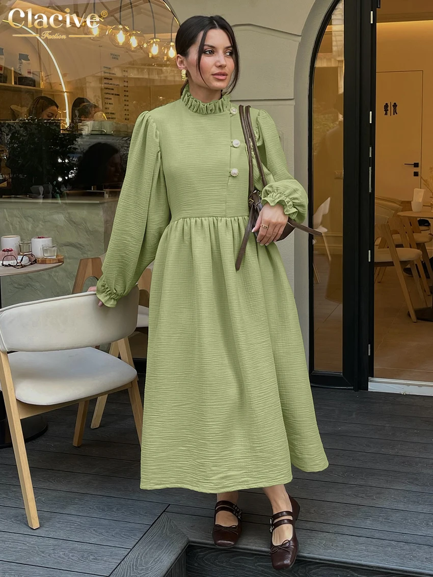 

Clacive Fashion Loose Green Women Dress Casual Stand Collar Long Sleeve Ankle Length Dresses Elegant Classic Solid Female Dress