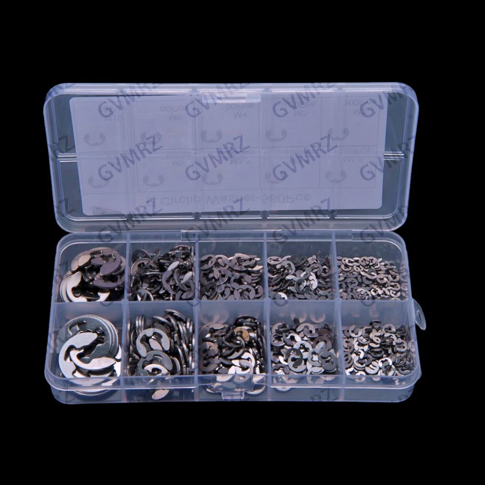 10Values ​​580PCS 304 Open-Type E-ring, E-buckle, M1.5-M10 Washer, Snap Ring, Black  Stainless Steel  M1.5 M10