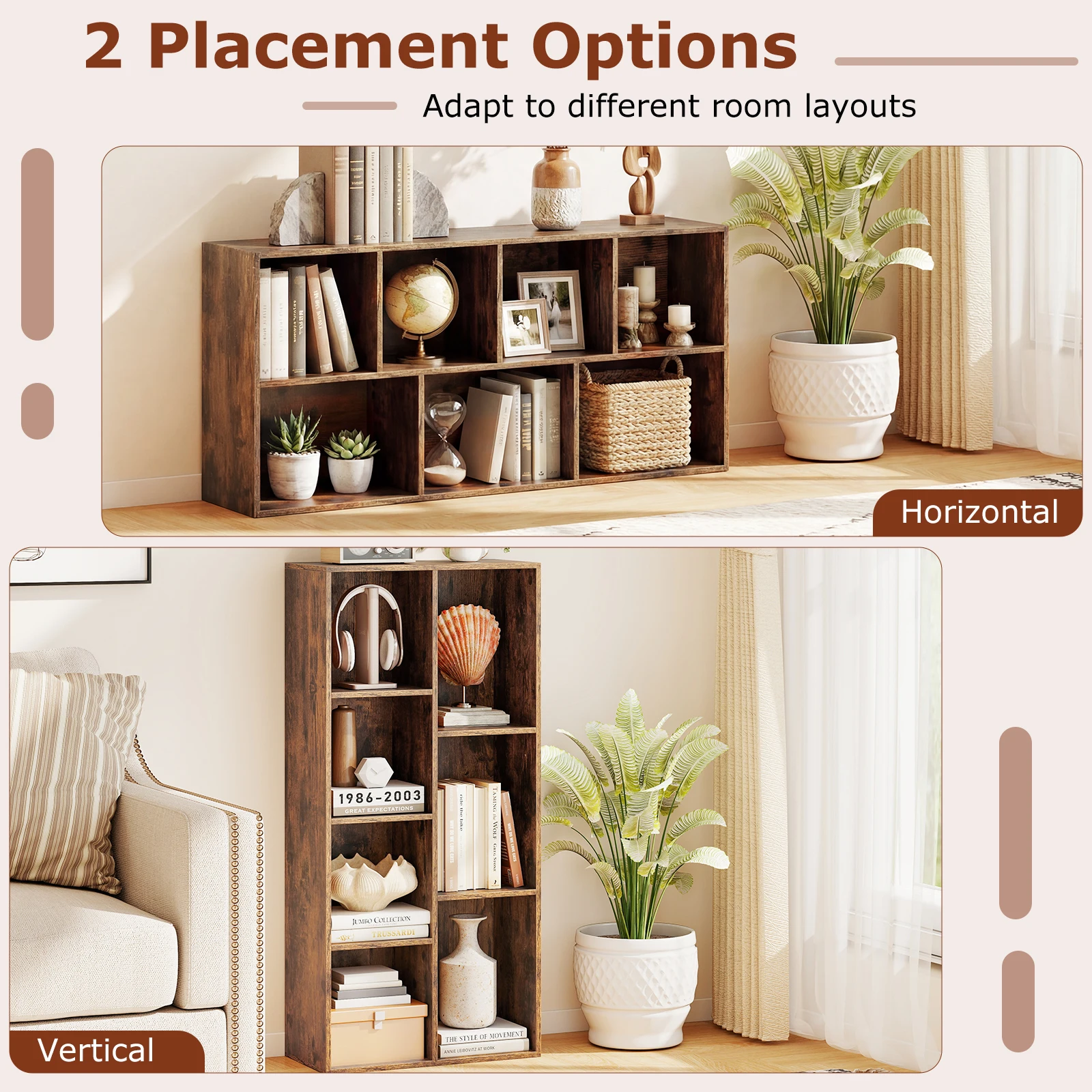 7-cube bookshelf placed horizontally as a low credenza sideboard