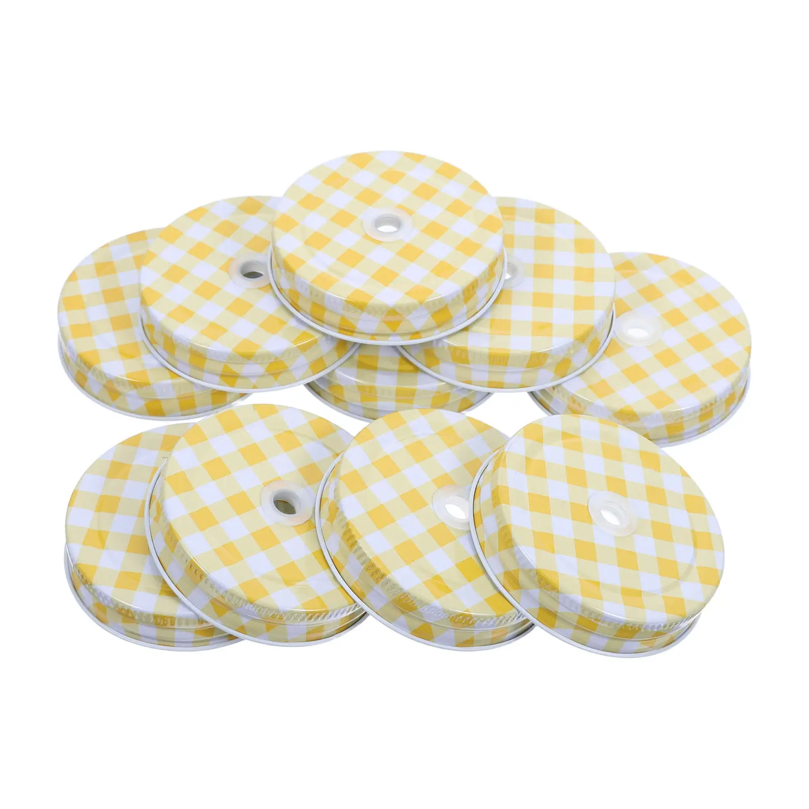 10Pcs Mason Jar Lids Yellow Gingham Checkered Regular Mouth 70Mm Tinplate Decorative Canning Straw Hole Covers for Drinks Juice