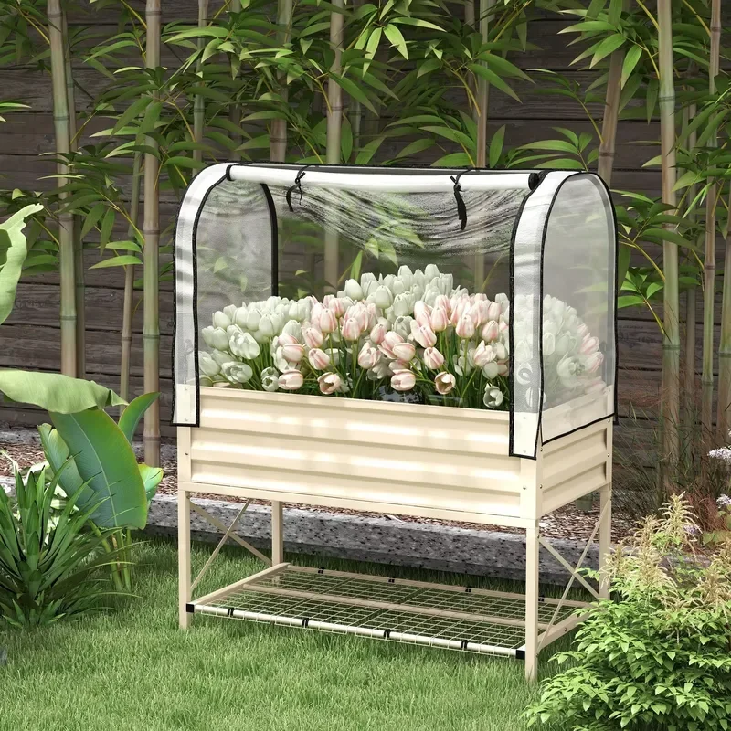 Cream Metal Elevated Planter Box with Bottom Shelf Liner and Raised Garden Bed Legs Cover for Outdoor Gardening