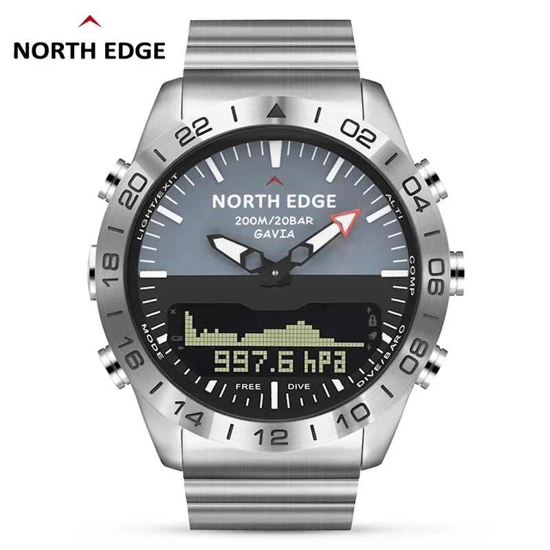 NORTH EDGE montre de sport de plongée montre pour hommes armée militaire de luxe tout en acier affaires étanche 200 mètres altimètre boussole nord