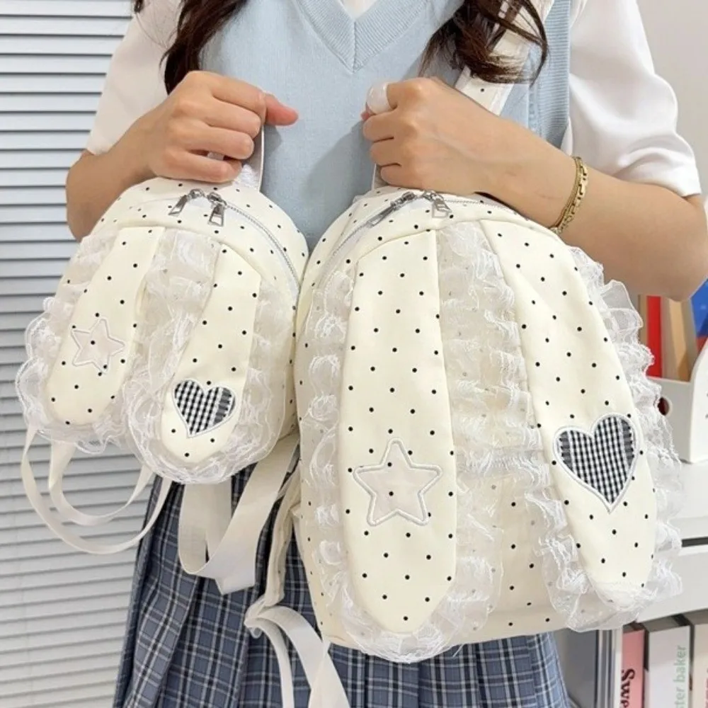 New Polka Dot Bunny Ear Lace Backpack Large Capacity Lightweight Lace Ruffle Backpack Cute Shoulder Bag Women and Girls