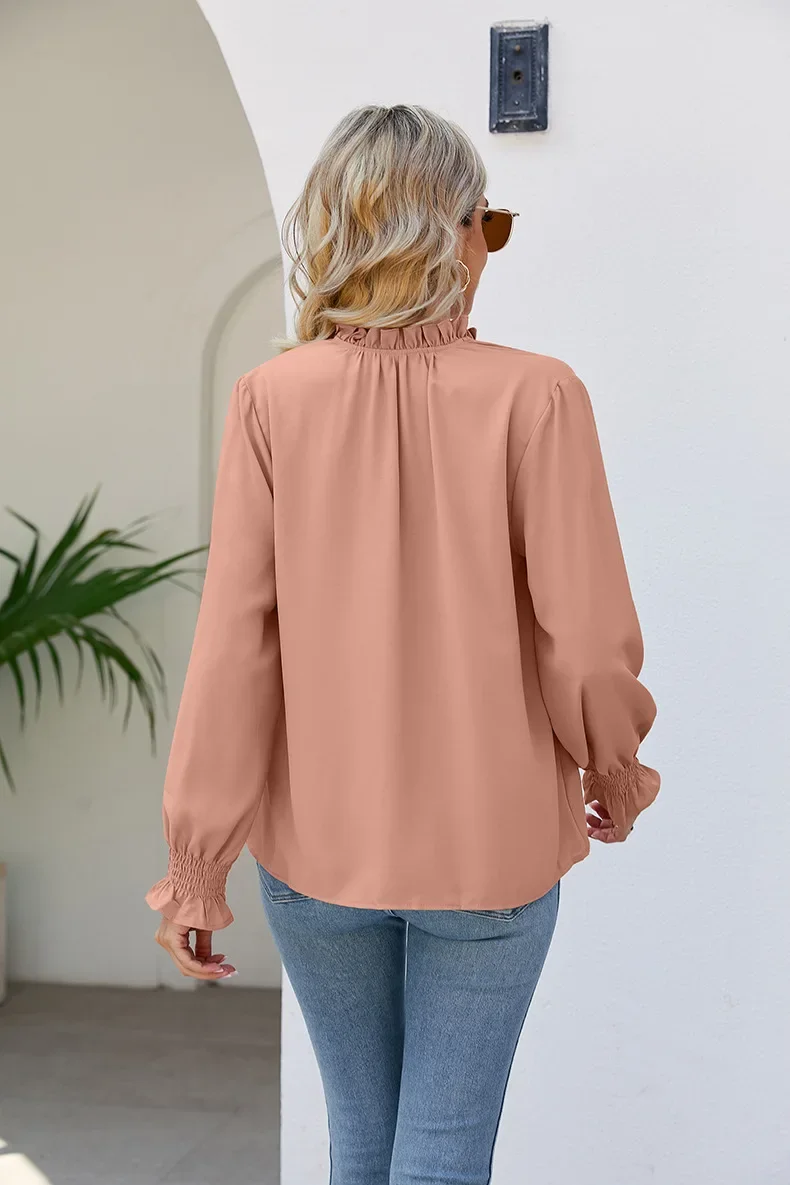 Autumn New Fashion Elegant V-Neck Lace Up Pleated Women\'s Solid Chiffon Shirt Versatile Loose Comfortable Soft Shirt