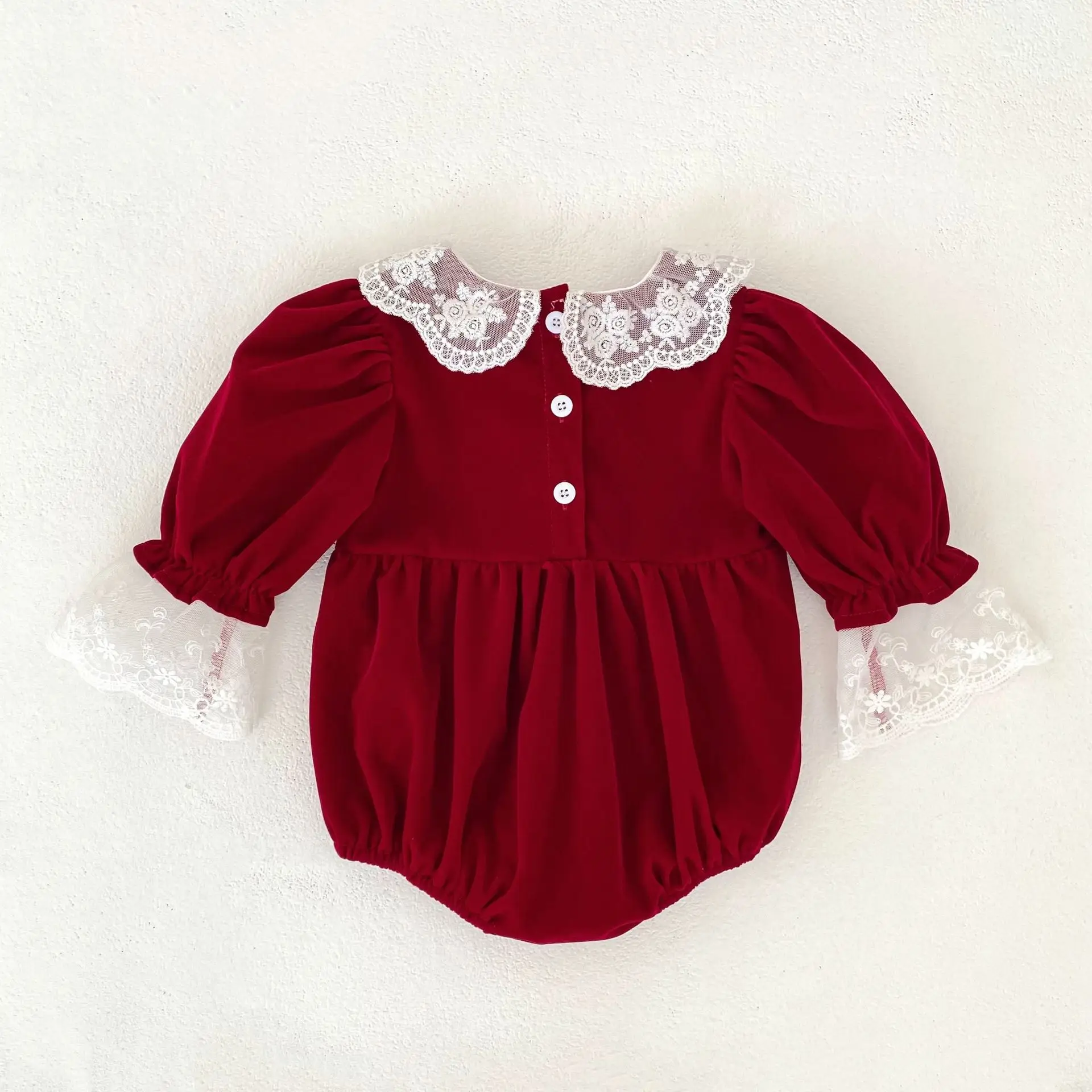 Roter Spitzen-Strampler für Babymädchen, langärmelig, Vintage-Body, Prinzessinnen-Outfit, Frühling/Herbst – Detail 6