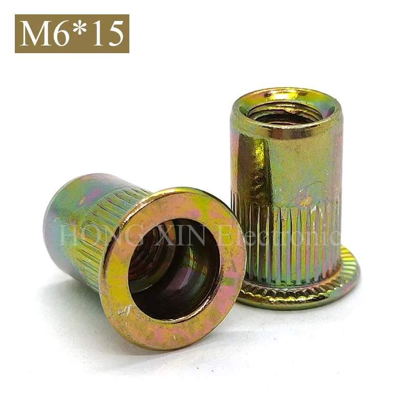 【M6*15】Fasteners Rivet Nuts-Zinc Plated Carbon Steel Flat Head Threaded Inserts 1pcs