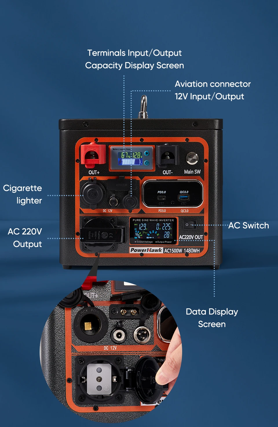 Baterias lifepo4 220v 100ah fonte de armazenamento de energia acampamento campervan rv inversor embutido carregamento rápido luz led/dc/usb/tipo-c