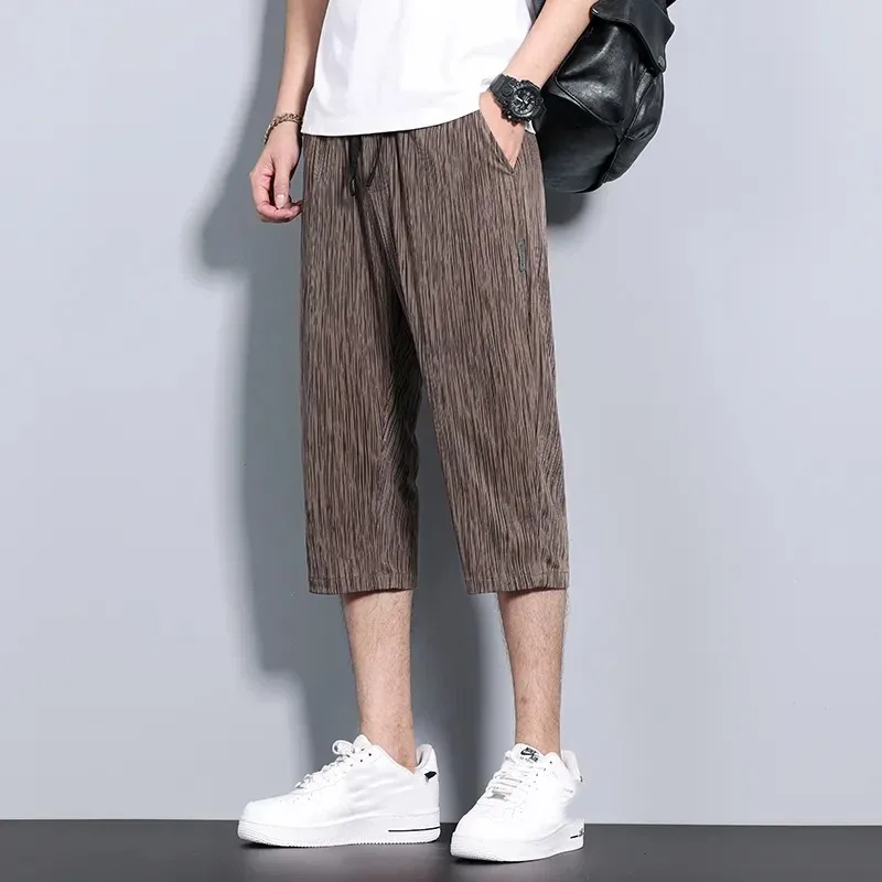 

Men's Chinese Style Plaid Capri Pants Ice Silk Embroidered Label Drawstring Waist Loose Summer Casual Shorts