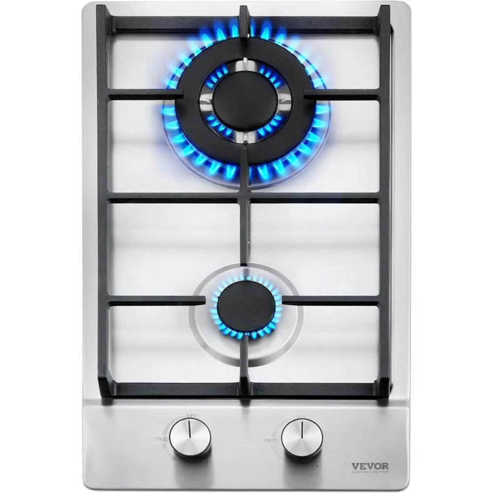 

VEVOR 12-дюймовая варочная панель с 2 конфорками Макс. 12250 БТЕ Встроенная плита из нержавеющей стали сжиженного нефтяного газа/NG Кабриолетная варочная панель с двумя топливами и природным газом