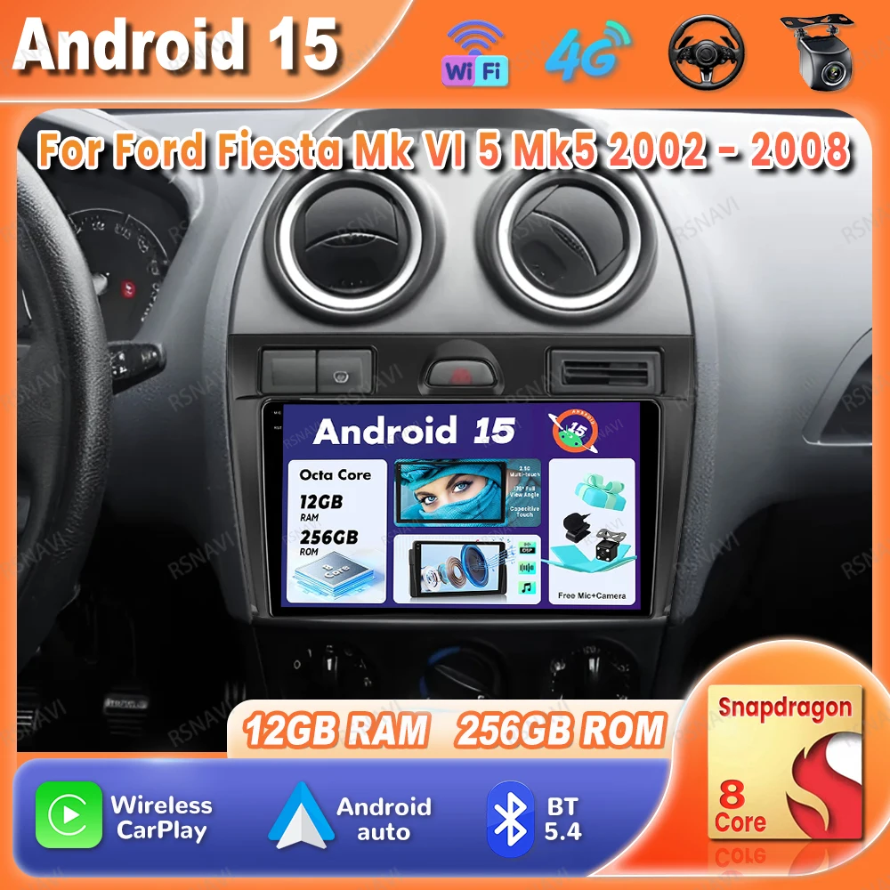 

Автомобильный радиоприемник Android 15 для Ford Fiesta Mk VI 5 Mk5 2002-2008, стерео DSP, авторадио Qualcomm 5G, WIFI QLED, DVD-навигация, GPS BT