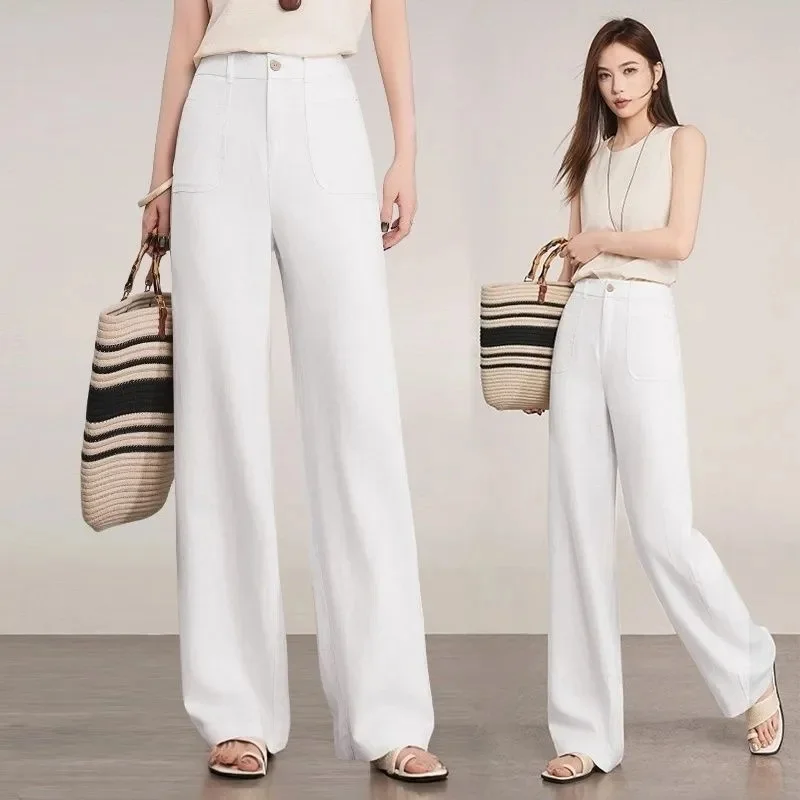 2025 여름 여성 하이웨이스트 슬림핏 팬츠, 신상 코튼 린넨 스트레이트 팬츠, 여성용 큰 사이즈 4XL 플랙스 바지