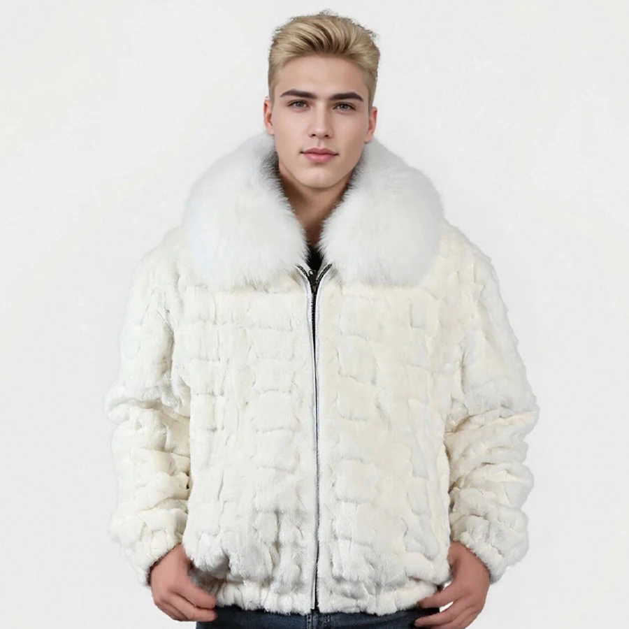 White Natural Mink Fur Coat With Fox Fur Collar Real Fox Fur Zippered Bomber Jacket Short Fur Coat High Quality Man's Winter Jac