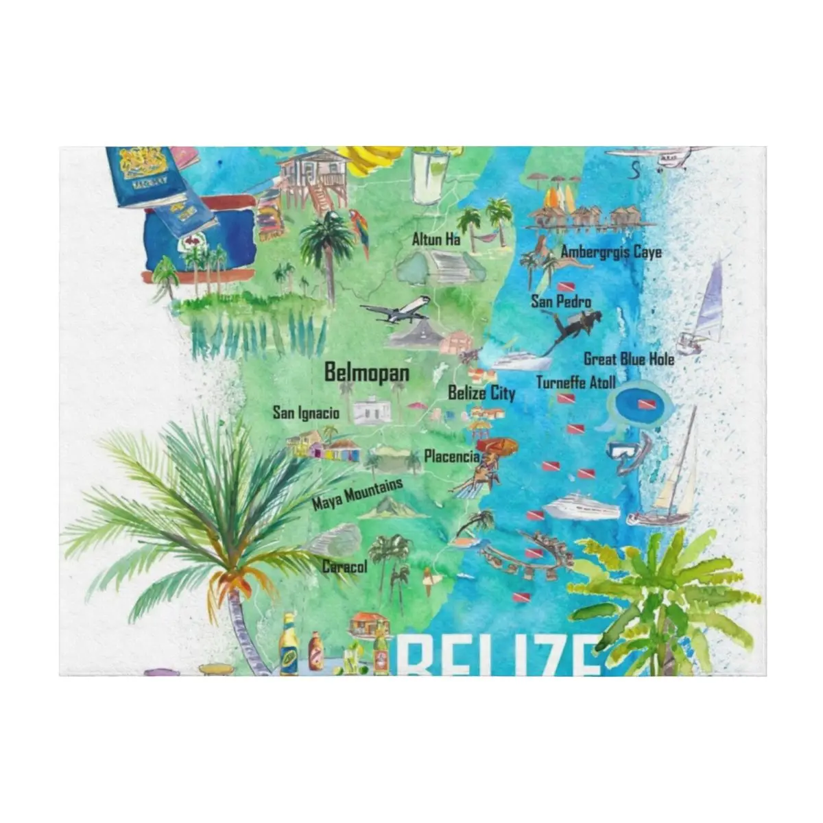 

Belize Caribbean Illustrated Travel Map with Roads and Tourist Highlights Throw Blanket Luxury For Baby Blankets