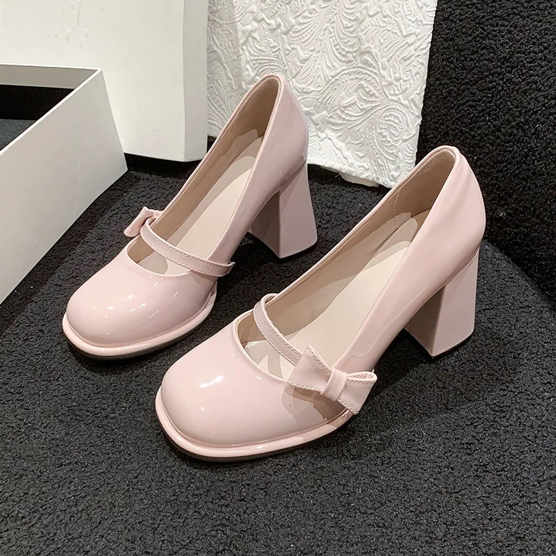 Elegante Fersenschuhe für Damen, 8 cm hoher Absatz, Schleife, solide Mary Jane Zapatos, Erwachsenenkleid, Rosa, Weiß, Schwarz, Cosplay-Schuhe