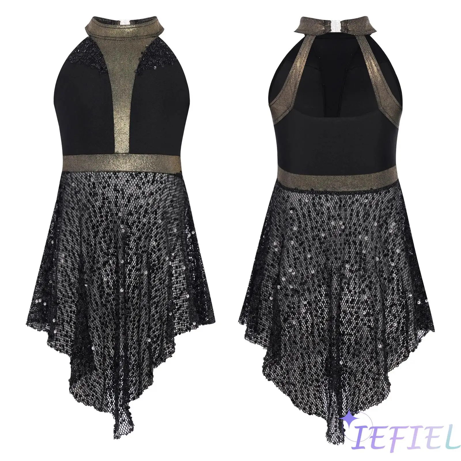

Girls Lyrical Dress Jazz Dance Performance Costume Sleeveless Cutout Back Shiny Sequins Mesh Patchwork Irregular Hem