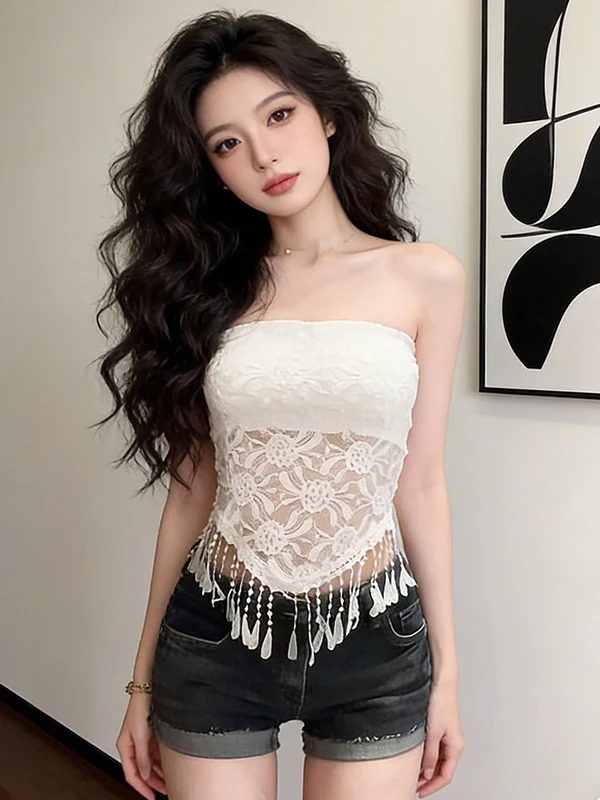 

Spring Summer New Lace Fringe Hem Tube Top Women's Slimming Beautiful Outerwear ort irt Sexy Svel Choker Neline