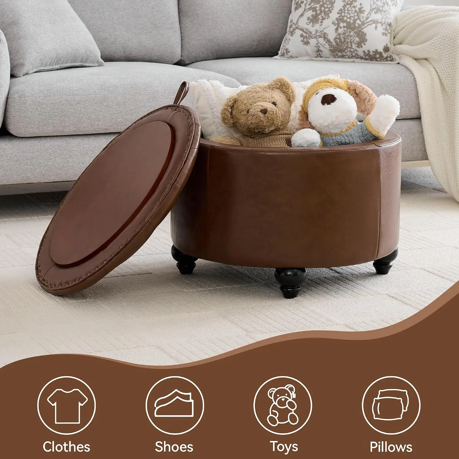 Round Storage Ottoman with Tray, Tufted Leather Coffee Table, Removable Top for Living Room & Bedroom, 24Inch, Customized