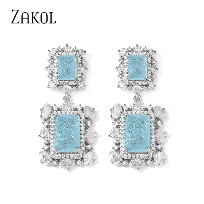 ZAKOL Gorgeous Princess Big Square Light Blue Cubic Zirconia Drop Earrings for Women Fashion Luxury Wedding Engagement Jewelry