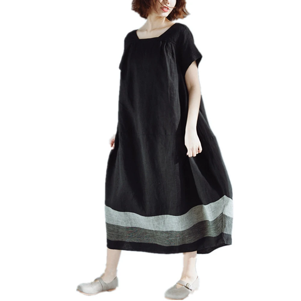 Summer plus size cotton and linen dress women's art stitching contrast short sleeve casual dress