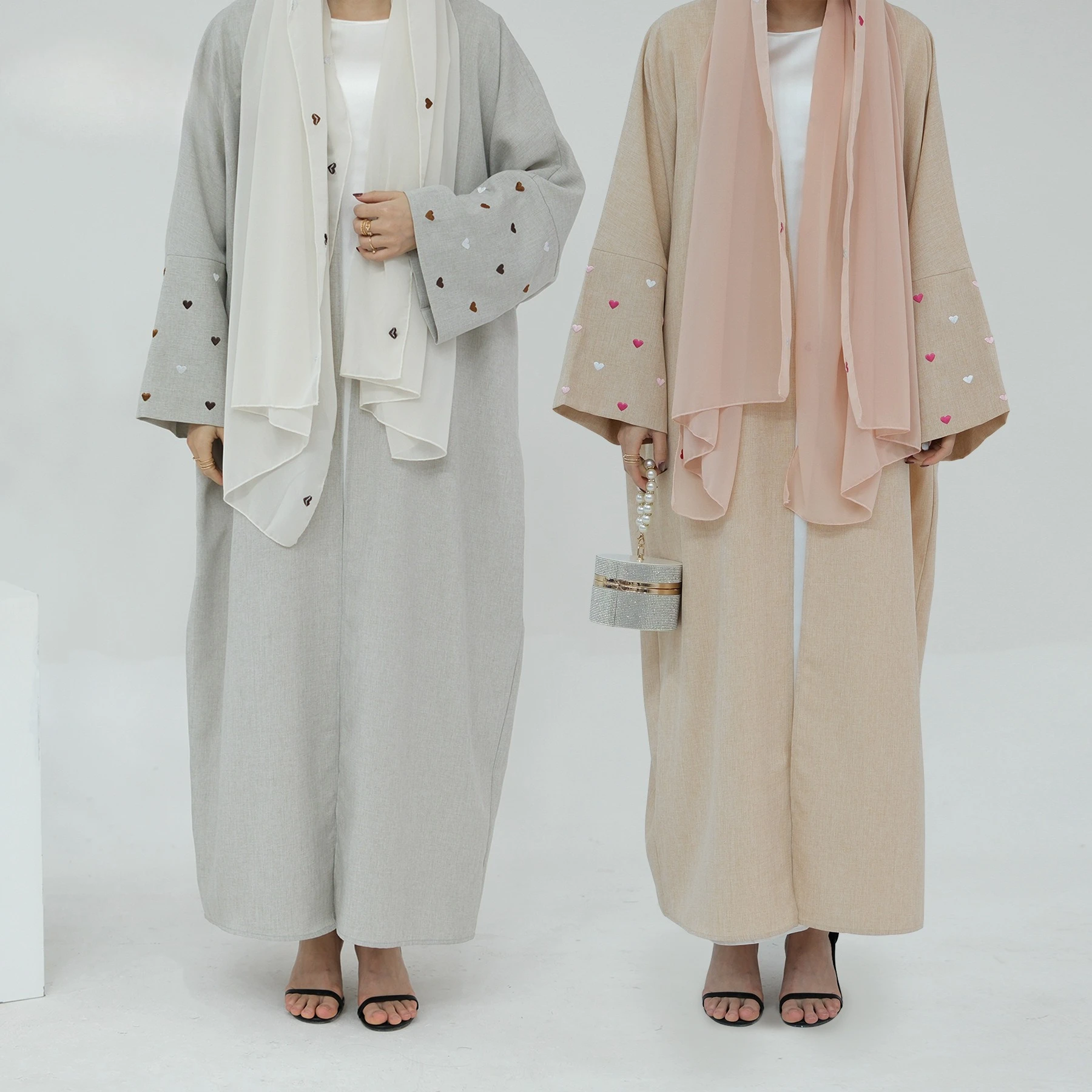

Luxury Heart Pattern Embroidery Linen Open Abaya Dubai New Fashion Batwing Sleeve Kimono Islamic Clothing Women Muslim Dress
