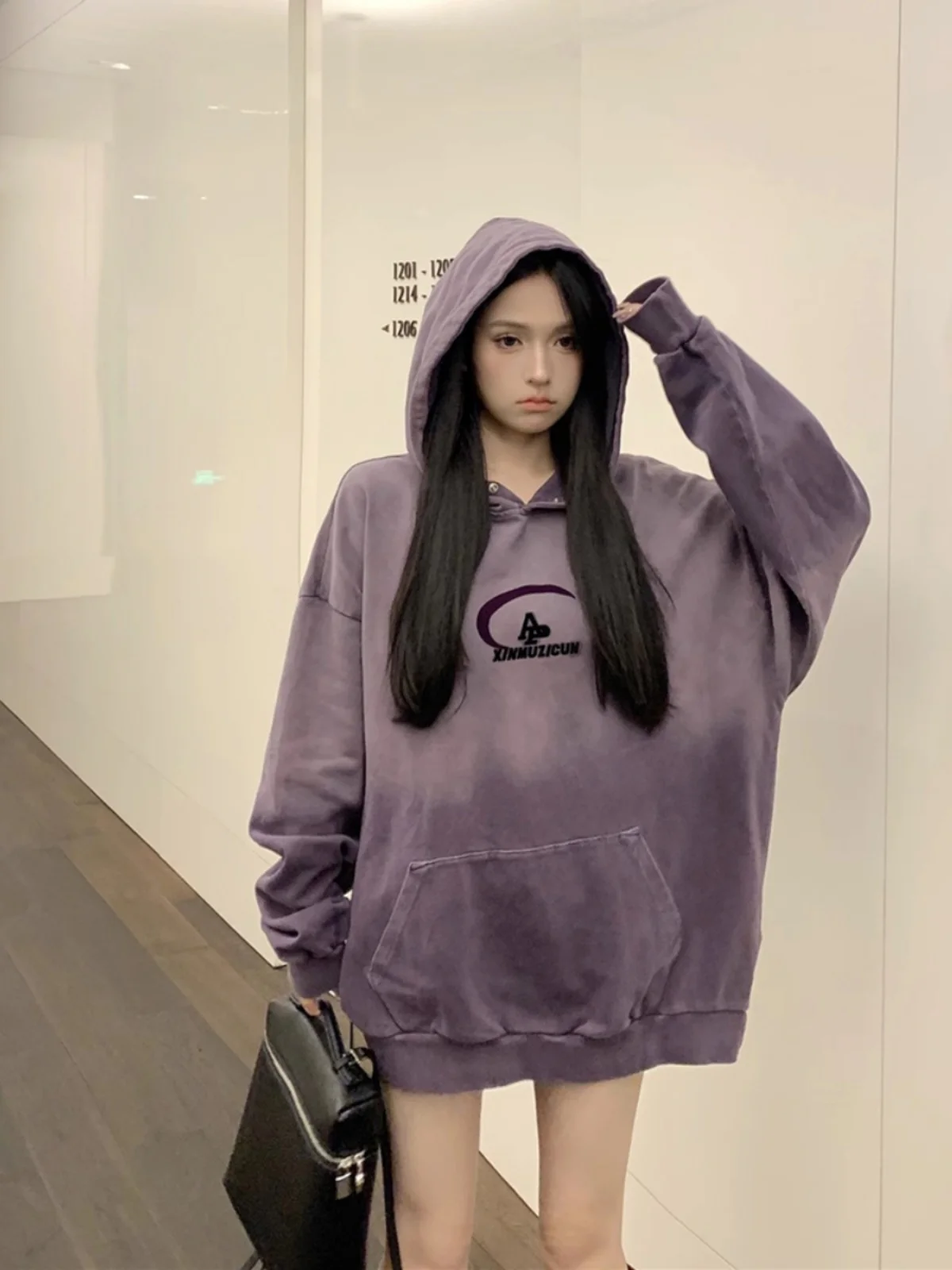 Grey Womens Clothing Vintage Street Sweatshirt Hooded Harajuku Y2K Letter Pullover Long Sleeves Warm Oversize Baggy Ladies Tops