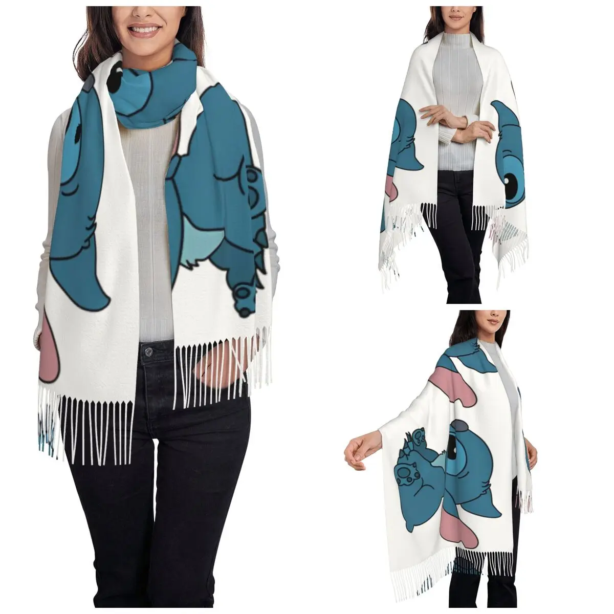 ليلو وغرزة غرز جلوس شالات يلف للنساء ، وشاح طويل ناعم ، باشمينا كارتون لطيف ، أوشحة دافئة ، شتاء #2