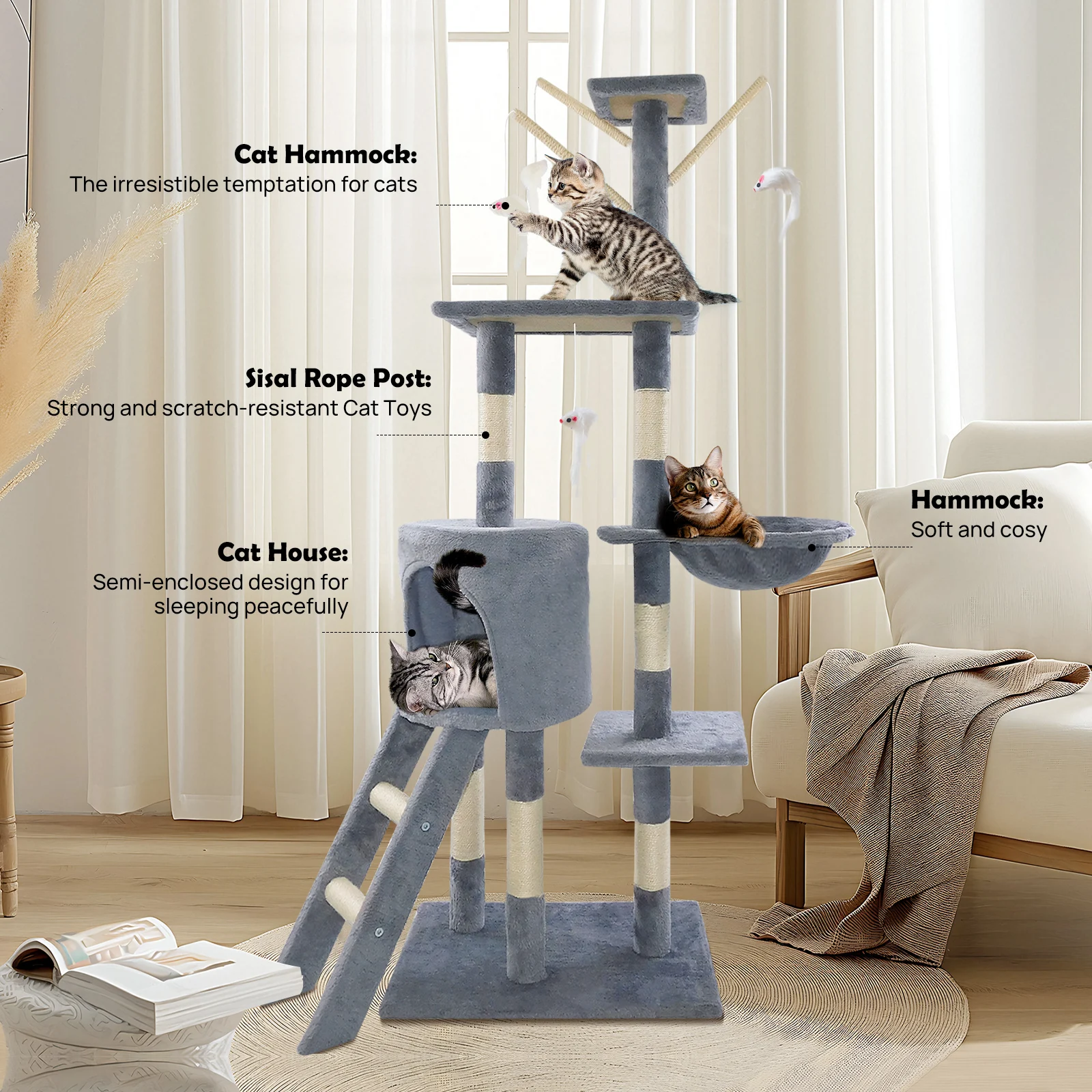Tour d'activités pour chat multi-niveaux de 140 cm, arbre à chat stable avec griffoir, tour de jeu et de repos intérieur et extérieur, adapté aux chats de grande et petite taille
