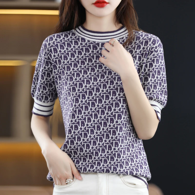 Spring Summer Women 100% Cotton T-shirt Sweater O-neck Half Sleeve Retro Jacquard Knit Pullover Tees Casual Bottoming Wear Tops