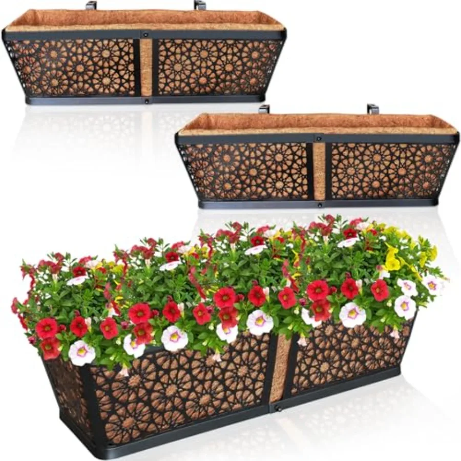 

3 Pack Metal Window Box for Railings 24 Inch Over Railing Planter Boxes with Coco Liners Hanging Flower Box Planters for Outdoo