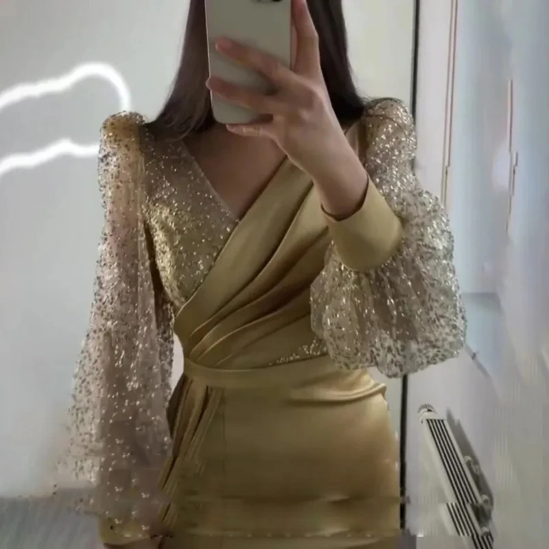 Robe de Soirée en Satin à Manches sulfBouffantes et Col en V, Tenue de Bal de Style Sirène Arabe à Paillettes Dorées, Vêtement de Célébrité, 2023