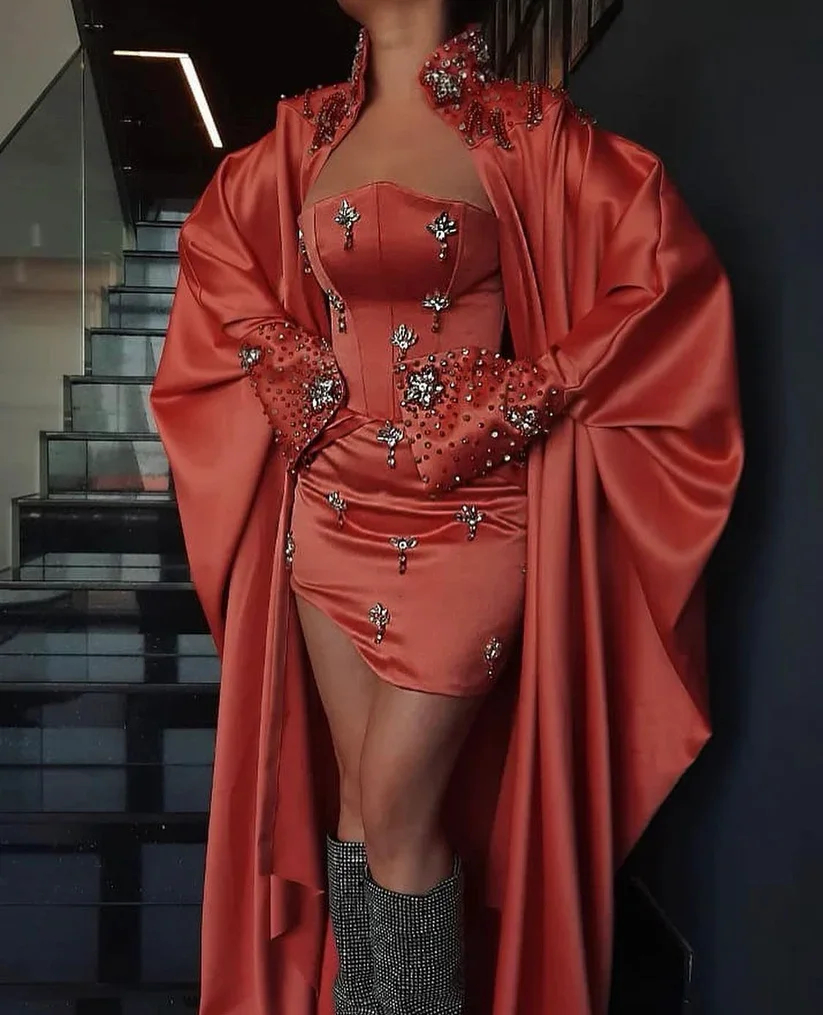 فساتين كوكتيل حمراء فاخرة بأكمام طويلة مطرزة لحفلات أعياد الميلاد فساتين حفلة موسيقية قصيرة لحفلات العودة للوطن حسب الطلب #3