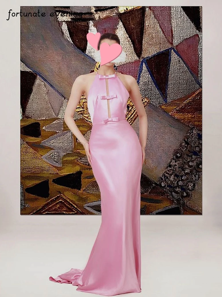 

Fortunate Evening Elegant Vintage Sweet Mermaid Pink Bow Sexy Backless Customize Formal Occasion Prom Dress Evening Party Gowns